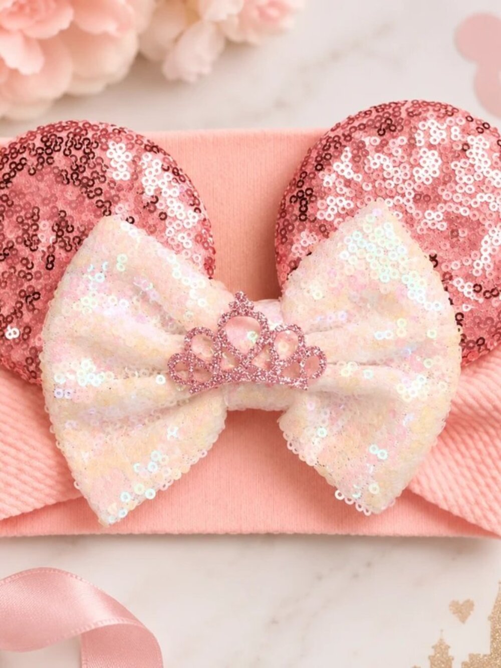 Baby Pink Mouse Ears Headband 🎀 Sequin Princess Bow